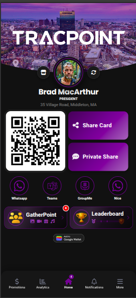 TracPoint digital business card — QR code, Share Card, Private Share and leaderboard